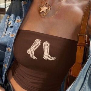 Brown Strapless Top with Boot Print